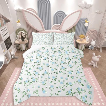 jejeloiu Blue Rose Flower Comforter Set All Season Cute Floral Bedding Set with 2 Pillow Cases Botanical Microfiber Kids King Bedclothes Blossom Flowers Pattern Bedroom Decor Duvet Quilt Soft