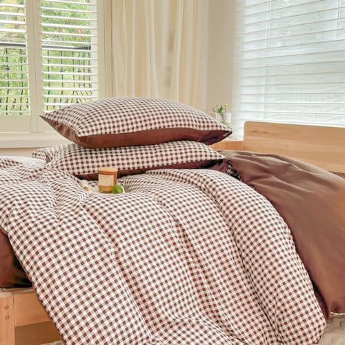 NSNLGSGC Mocha Gingham Duvet Cover Set, Queen