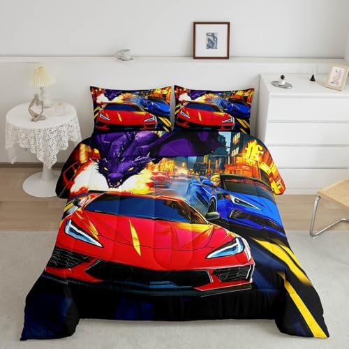Feelyou Racing Car Bedding Set Queen Size Red Blue Racing Car Comforter Set for Kids Boys Teens Dinosaur Monster Duvet Set Fast and Furious Quilt Set 3Pcs