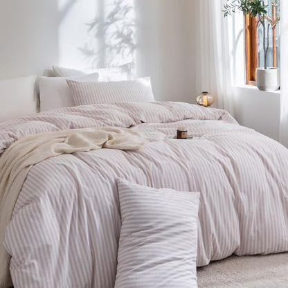 FOSSA Striped Duvet Cover Set Washed Cotton Linen Feel Oversized King Plus