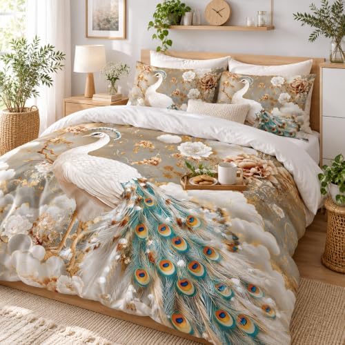 CCoutueChen Kids Twin Size Peacock Comforter Set, 2 Pcs Golden Floral Bird Feather Soft Bedding for Girls, Warm Microfiber Luxury Bed Set with 1 Pillowcase, 68"x86"