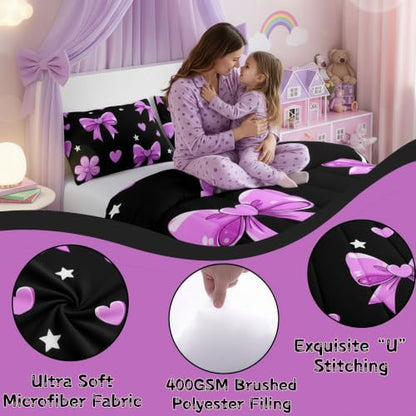 jejeloiu Bowknot Comforter Set Twin Size Bow Bedding Set for Kids Boys Girls Black Purple Duvet Quilt Cute Bow-tie Bedroom Decor Microfiber 2 Pcs with 1 Pillow Cases