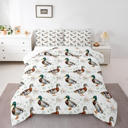 jejeloiu Mallard Duck Comforter Set Toddler Size Hunting and Fishing Bedding Set for Kids Boys Girls Wild Animal Duvet Quilt Bedroom Decor Microfiber 2 Pcs with 1 Pillow Cases