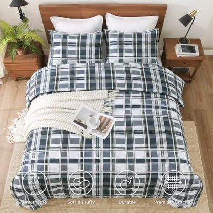 Andency Navy Plaid Comforter Set Queen, Gingham Checkered Grid Bedding Set