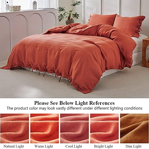 Simple&Opulence 100% Linen Duvet Cover Set 3pcs with Bowknot Ties Closure Natural French Washed Flax Solid Color Soft Breathable Farmhouse Bedding - Brick Red, King Size