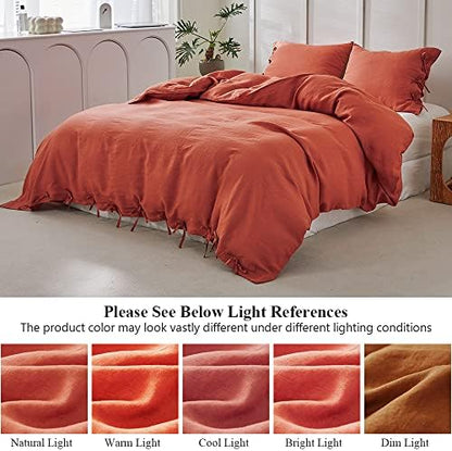 Simple&Opulence 100% Linen Duvet Cover Set 3pcs with Bowknot Ties Closure Natural French Washed Flax Solid Color Soft Breathable Farmhouse Bedding - Brick Red, King Size