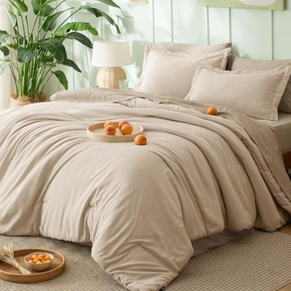 Bedsure Queen Bed in a Bag Light Beige Comforter Set Dual-Tone 7 Pieces