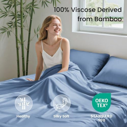 Love's cabin 4 Piece King Size Sheet Set, 100% Rayon Derived from Bamboo, Cooling & Breathable, Soft Silky Deep Pocket up to 16", Hotel Luxury Bedding for Hot Sleepers, Mineral Blue
