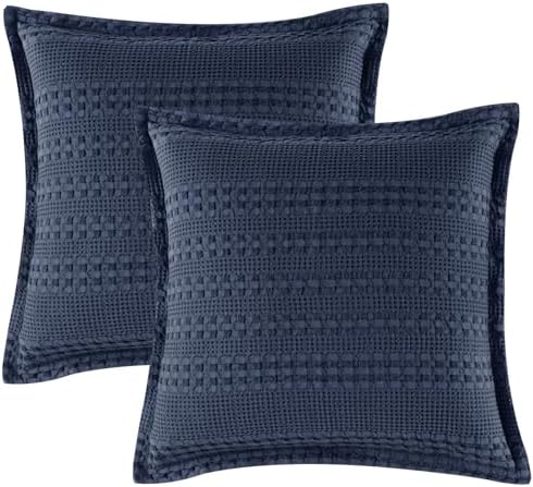 PHF Cotton Ruffle Waffle Weave Euro Sham Covers 26"x26", Indigo, No Insert