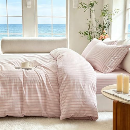 Striped Duvet Cover Set Full Size 3 Piece 100% Washed Cotton Linen Like Textured Bedding Comfy Breathable (Full, Double Stripe-Greyish Pink/White)