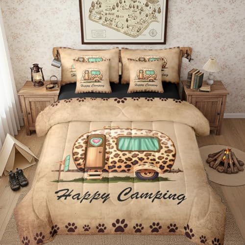 Erosebridal Happy Camping Boys Comforter Set with Sheets King Size Camper Decor 7 Piece Bedding Set Brown Leopard Print Bed in A Bag for Kids Teens Room Rustic Farmhouse Cabin Bed Sets