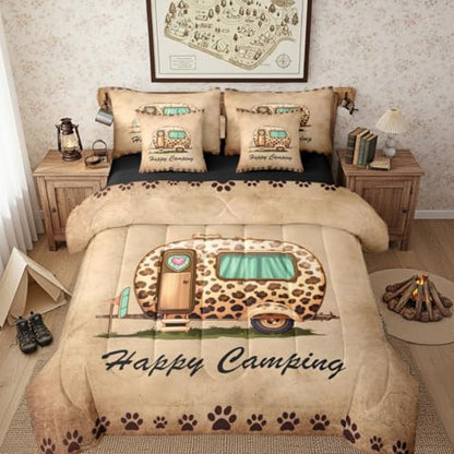 Erosebridal Happy Camping Boys Comforter Set with Sheets King Size Camper Decor 7 Piece Bedding Set Brown Leopard Print Bed in A Bag for Kids Teens Room Rustic Farmhouse Cabin Bed Sets