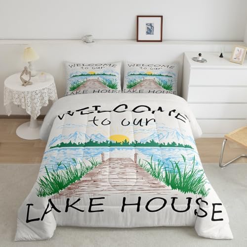 Lake House Comforter Set Full Size Rustic Farmhouse Bedding Set for Kids Adults Women Teens Cabin Home Room Decor Watercolor Lake Mountain Scenery Quilted Duvet Retro Plaid Print Duvet Insert 3pcs