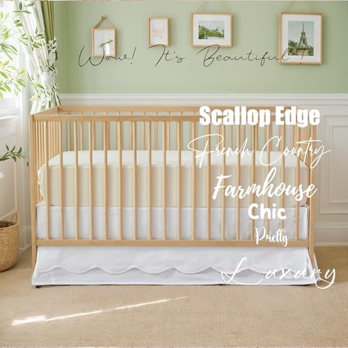 Brandream Scallop Edge Cotton Crib Skirt Toddler Bedskirt Baby Nursery Crib Bed Skirt Double Layer Boho Bohemian Neutral Solid Color Cream Off White Crib Bedding Skirt