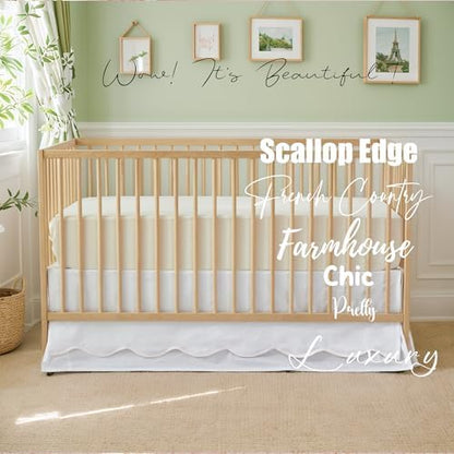 Brandream Scallop Edge Cotton Crib Skirt Toddler Bedskirt Baby Nursery Crib Bed Skirt Double Layer Boho Bohemian Neutral Solid Color Cream Off White Crib Bedding Skirt