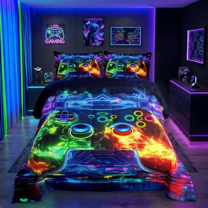 Erosebridal 3D Modern Gamer Comforter Set Gamer Controller Full Size Bedding Sets for Tween Boys Girls Geometric Neon Gaming Comforter Video Game Consoles Bed Set,Boys Room Decor