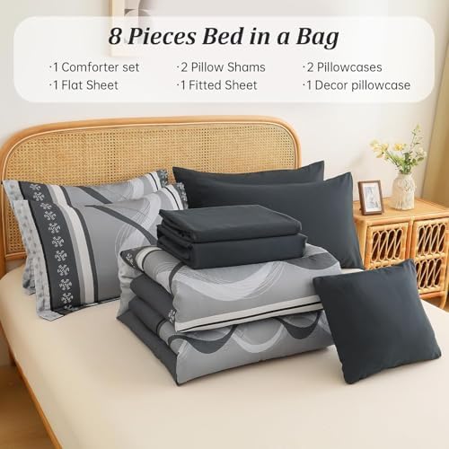 Anibedding Grey Comforter Set Full Size,8 Pieces Striped Bed in a Bag