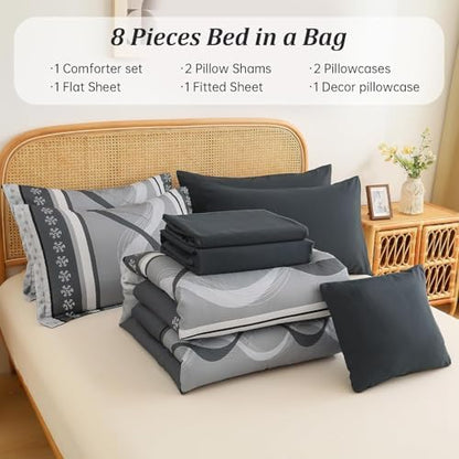 Anibedding Grey Comforter Set Full Size,8 Pieces Striped Bed in a Bag