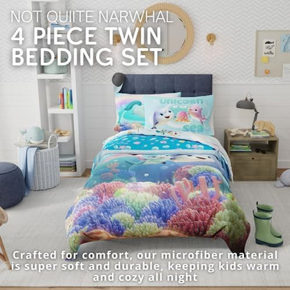 DreamWorks Not Quite Narwhal Kids Bedding Super Soft Comforter and Sheet Set, 4 Piece Twin Size, (Official Licensed Product) by Franco