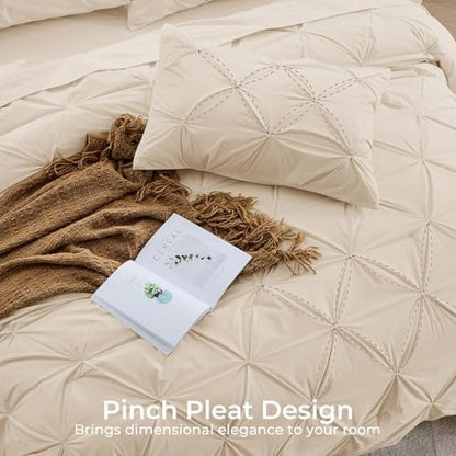 Sasttie Twin Comforter Set, 5-Piece Bed in a Bag, Pintuck Bedding Sets for All Season, Includes Comforter, Flat Sheet, Fitted Sheet, Pillowcase and Pillowsham, Warm Beige