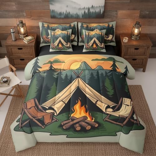 Erosebridal 7 Piece RV Camper King Comforter Set,Camping Chairs Tent Bedding Set with Sheets for Kids Adults,Mountain Forest Bed Set Travel Trailer Bunk Bedding Sets with Fitted Sheet+Flat Sheet