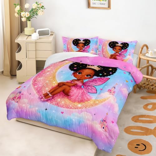 Black Girl Fairy Comforter Set King Size with 2 Pillowcases.