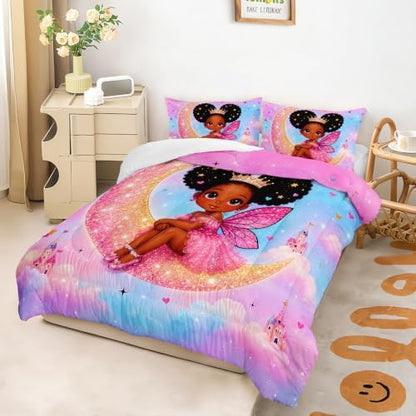 Black Girl Fairy Comforter Set King Size with 2 Pillowcases.