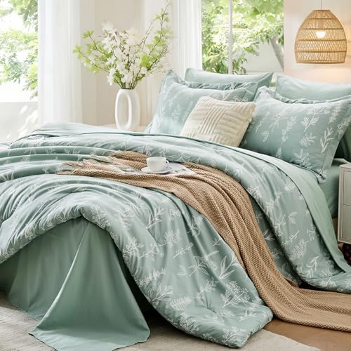 MUXHOMO Twin Comforter Set, Sage Green Elegant Floral Print Bed in a Bag 5 Pieces, Ultra Soft & Breathable Reversible Botanical Pattern Bedding Set with Comforter, Sheets, Pillowcases, and Shams
