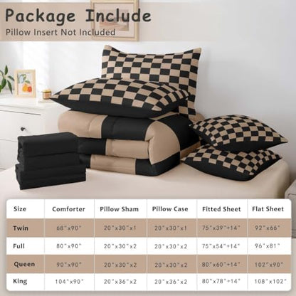 Feelyou Checkered Retro Comforter Set with Sheets 7 Piece Twin Size Brown Plaid Bed in a Bag Kids Boys Girls Geometric Vintage Bedding Set Modern Simple Groovy Aesthetic Bedroom Decor Breathable Soft