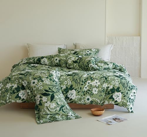 Twin Comforter Set 2 Pieces, 100% Cotton Green Leaf Print Bedding Set for All‑Season, Soft Hypoallergenic Comforter with 1 Pillow Sham