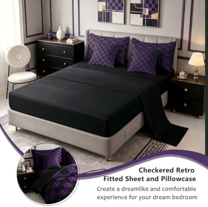 Feelyou Checkered King Comforter Set with Sheets for Kids Boys Girls Purple Black Plaid 7 Pieces Bedding Set Cute Retro Neutral Checkerboard Geometric Bed in a Bag Vintage Aesthetic Room Decor Soft