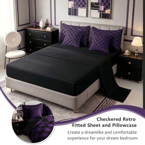 Feelyou Checkered Twin Comforter Set with Sheets for Kids Boys Girls Purple Black Plaid 7 Pieces Bedding Set Cute Retro Neutral Checkerboard Geometric Bed in a Bag Vintage Aesthetic Room Decor Soft