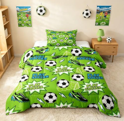 Castle Fairy Soccer Comforter Set Twin Size,Football Shoes Lightning Bedding Sets 2Pcs for Kids Girls Boys Teens Room Decor,Ball Sports Gaming Quilted Duvet Modern Green Down Comforter,1 Pillowcase