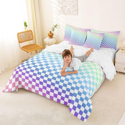 jejeloiu Ombre Colorful Plaid Comforter Set with Sheets 7 Piece King Size