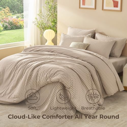 Litanika King Size Comforter Set 7 Pieces Earthy Tan Gingham