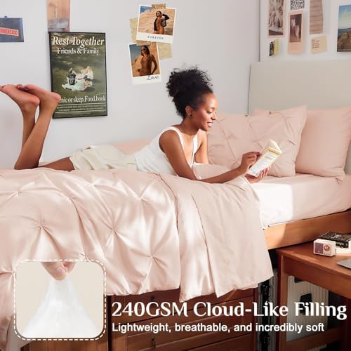 JOLLYVOGUE Twin Comforter Set 5 Pieces - Bed in a Bag Twin for All Season, Pintuck Bedding Comforter Sets with Comforter, Flat Sheet, Fitted Sheet and Pillowcases & Shams, Blush Pink