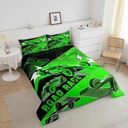 Erosebridal King Size Race Car Comforter Set for Boys Sports Car Bedding Set Cool Racing Car Bed Set for Boys Girls Kids Adult,Black Green Race Cars Gaming Bedding Sets Car Bedroom Decor 3Pcs