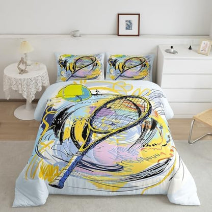 Graffiti Tennis Ball Bedding Set Twin Size,Fashion Ball Sports Game Comforter Set for Kids Boys Teens Room Decor,Cartoon Tennis Quilt Set Watercolor Youthful Duvet Insert 2pcs,1 Pillowcase