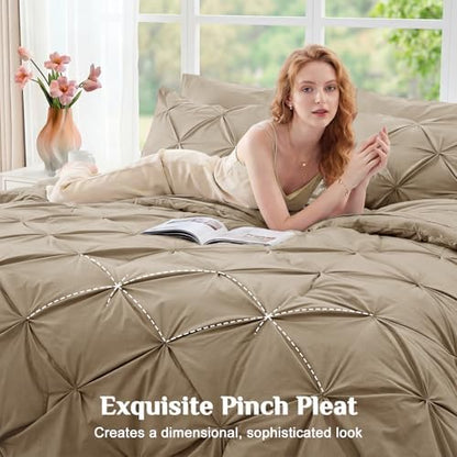 JOLLYVOGUE Full Size Comforter Sets 7 Pieces - Bed in a Bag Full for All Season, Pintuck Bedding Comforter Sets with Comforter, Flat Sheet, Fitted Sheet and Pillowcases & Shams, Dark Linen