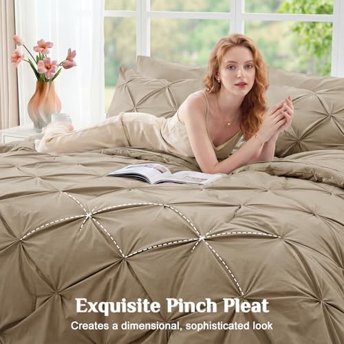 JOLLYVOGUE Twin XL Comforter Set 5 Pieces - Bed in a Bag Twin XL for All Season, Pintuck Bedding Comforter Sets with Comforter, Flat Sheet, Fitted Sheet and Pillowcases & Shams, Dark Linen