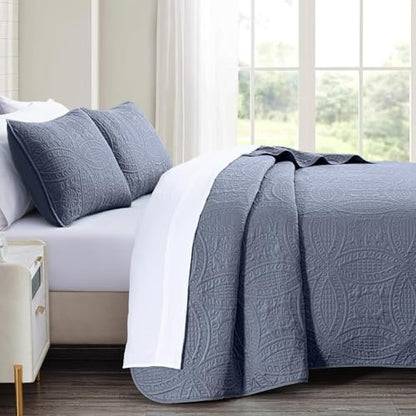 akkialla 118"x106" Bluish Grey California King Quilt Set, Oversized Floor-Length Bedspread, Modern Coin Pattern Microfiber Coverlet, 3-Piece All Season Bedding with 2 Pillow Shams