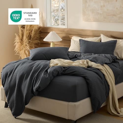 Bedsure PureWoven Cotton Waffle Duvet Cover Set with Fitted Sheet, Queen