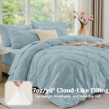 JOLLYVOGUE King Size Comforter Set 7 Pieces - Bed in a Bag King for All Season, Pintuck Bedding Comforter Sets with Comforter, Flat Sheet, Fitted Sheet and Pillowcases & Shams, Greyish Blue