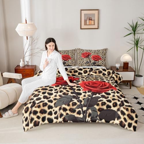 Erosebridal Rose Flower Comforter Set for Kids Girls Women, Leopard Print Down Comforter King Size, 3D Red Floral Petal Bedding Set Cheetah Animal Skin Quilted Duvet for Bedroom Decor, Brown