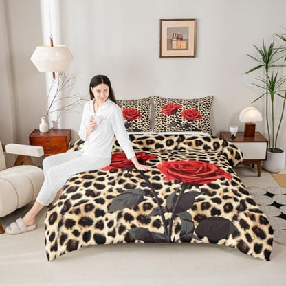 Erosebridal Rose Flower Comforter Set for Kids Girls Women, Leopard Print Down Comforter King Size, 3D Red Floral Petal Bedding Set Cheetah Animal Skin Quilted Duvet for Bedroom Decor, Brown