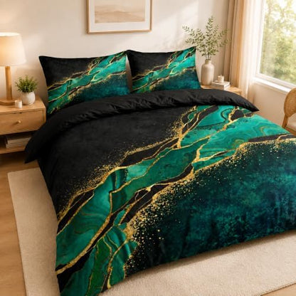 Black and Green Marble Duvet Cover Set Twin Size Gold Veins Malachite Comforter Cover Bedding Set Luxry Art Decor Bedroom