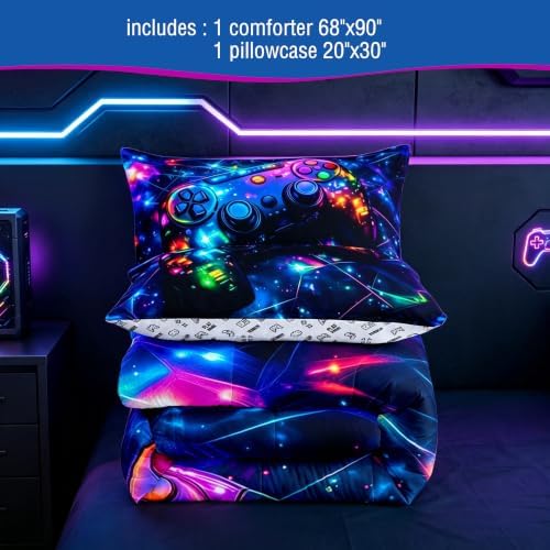 Feelyou Kids Gamer Comforter Set Twin Size, Galaxy Gaming Bedding Set Glitter Game Comforter Boys Girls Gamepad Teens Duvet Set Bedroom Decor Bed Set 2Pcs