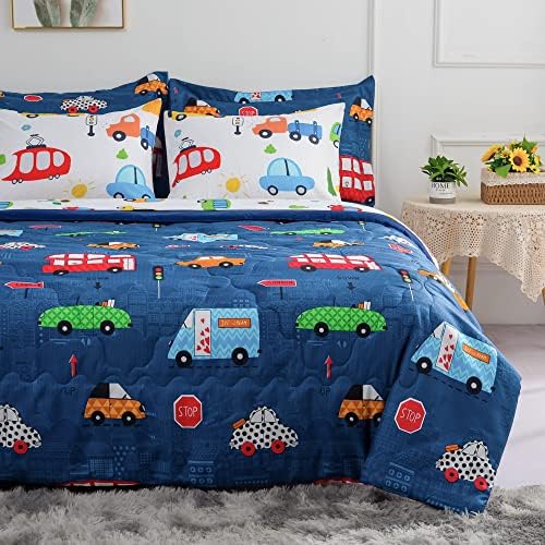 Wajade Cartoon Cars Comforter Set Bed in A Bag Full Size Colorful Cars Bus Van Traffic Lights Bedding Set for Boys Kids (1 Comforter, 1 Flat Sheet, 1 Fitted Sheet, 2 Pillowcase and 2 Pillow Sham)