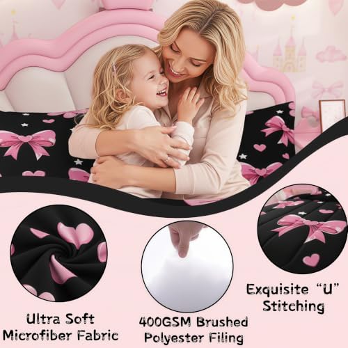 jejeloiu Bowknot Comforter Set All Season Black Pink Bedding Set with 1 Pillow Cases Pink Bow Microfiber Kids Twin Bedclothes Colourful Bowknot Bedroom Decor Duvet Quilt Breathable