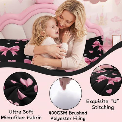 jejeloiu Bowknot Comforter Set All Season Black Pink Bedding Set with 1 Pillow Cases Pink Bow Microfiber Kids Twin Bedclothes Colourful Bowknot Bedroom Decor Duvet Quilt Breathable